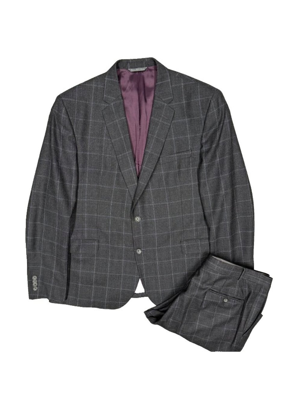 Jack Victor Suit Wool Cashmere Harry Rosen Windowpane Charcoal Grey 46R 38x31